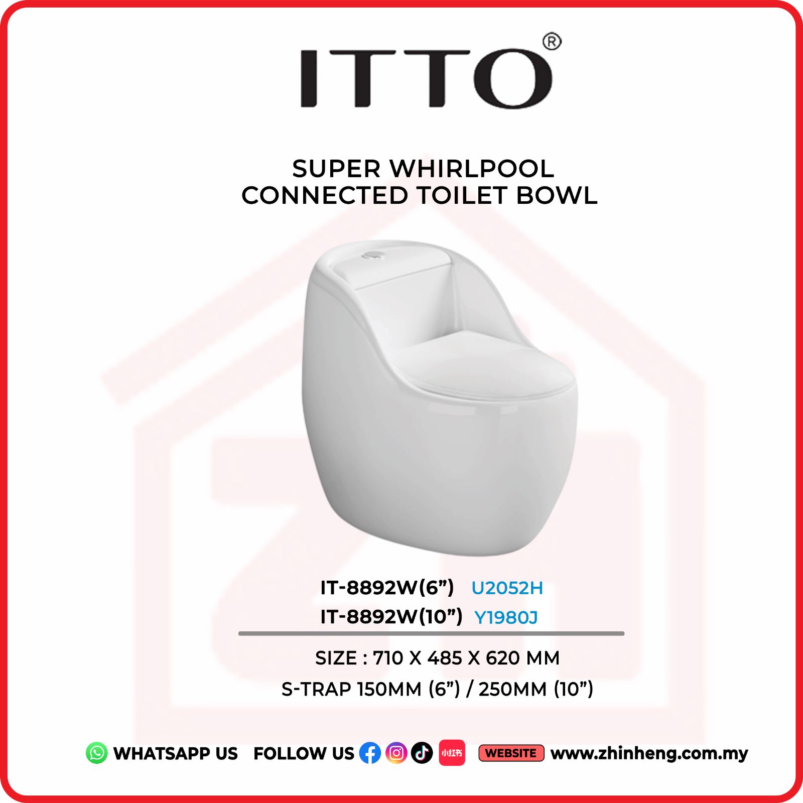 ITTO SUPER WHIRLPOOL CONNECTED TOILET BOWL IT-8892W(6") + IT-8892W(10")