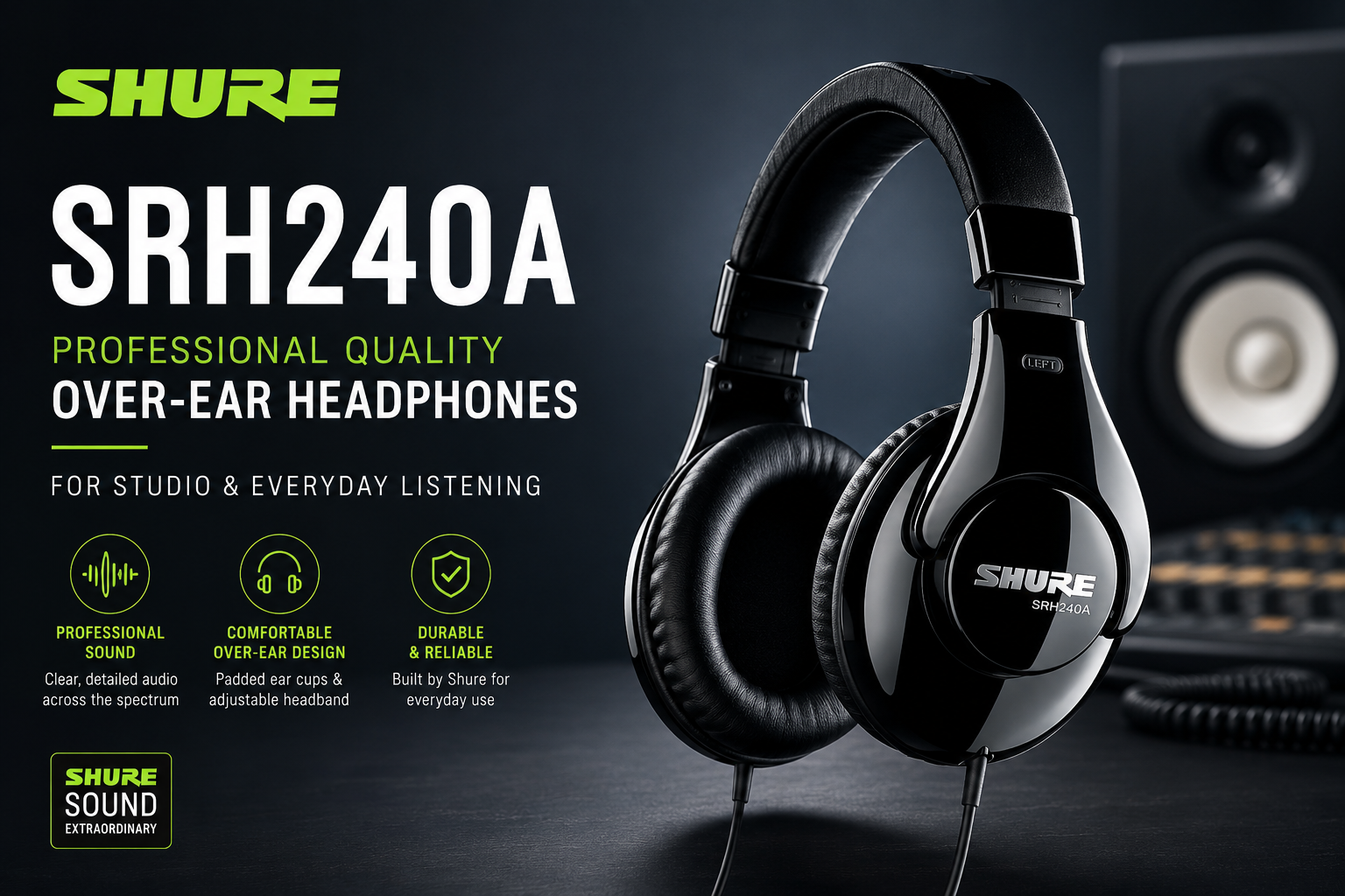 Shure SRH240A Professional Quality Over-Ear Headphones for Studio & Everyday Listening