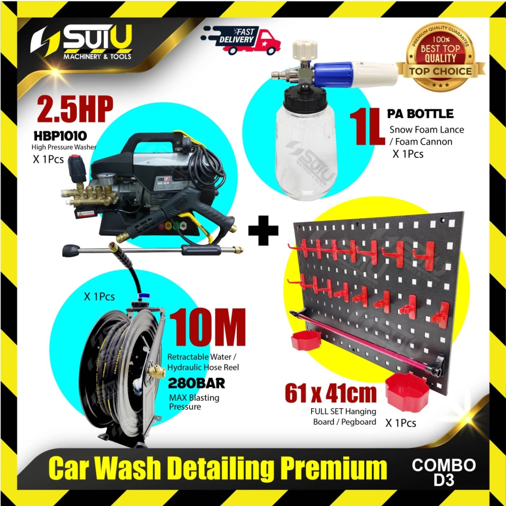 [COMBO D3] Car Wash Detailing Premium Combo (HBP1010 + 1L Foam Cannon + 10M Retractable Hose Reel + Hanging Board)