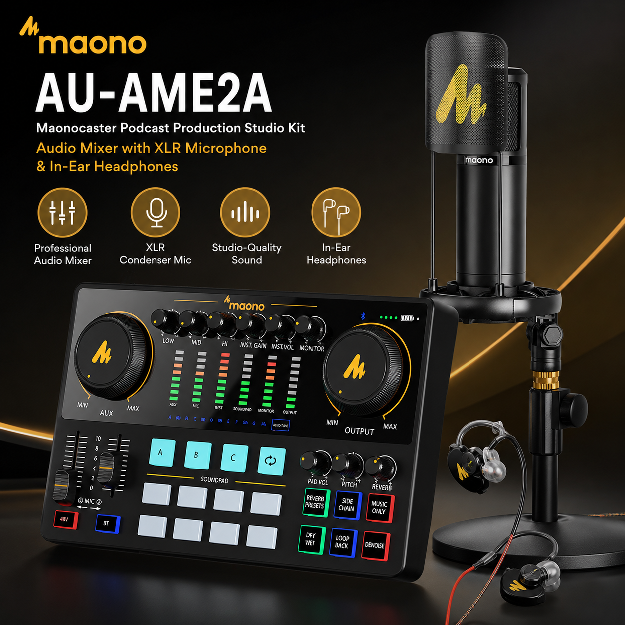 Maono AU-AME2A Maonocaster 播客录音套装 – 含XLR麦克风与入耳式耳机的音频混音器套件