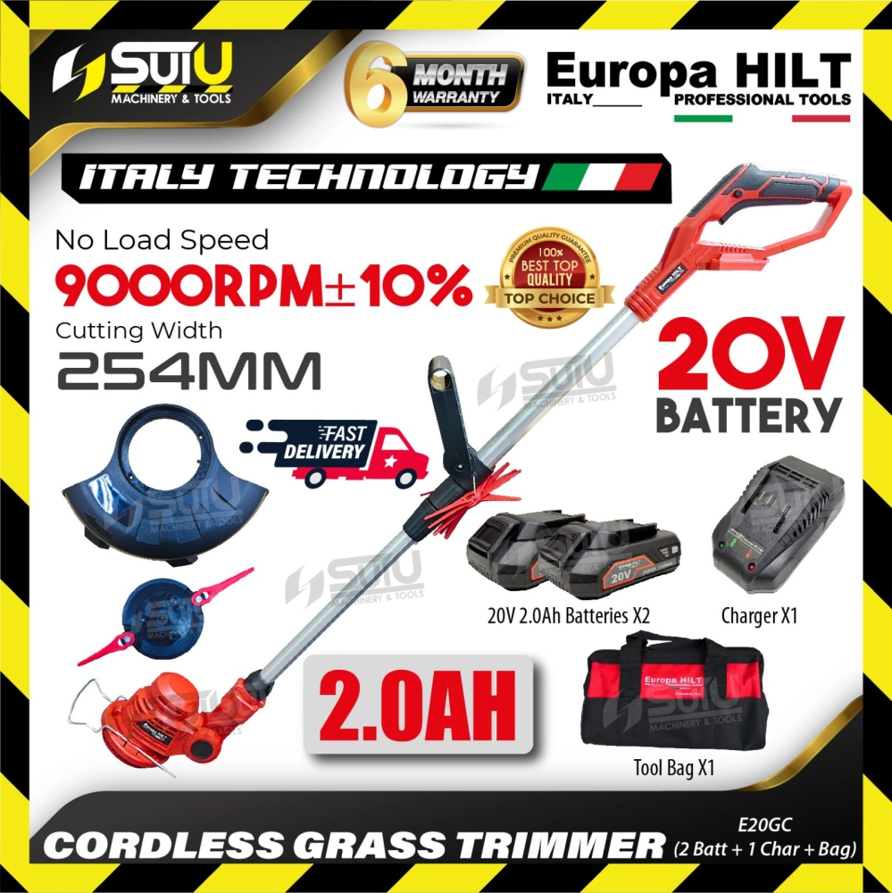 (2.0AH) EUROPA HILT E20GC 20V Cordless Grass Trimmer 9000RPM w/ 2 x Batteries 2.0Ah + Charger + Tools Bag