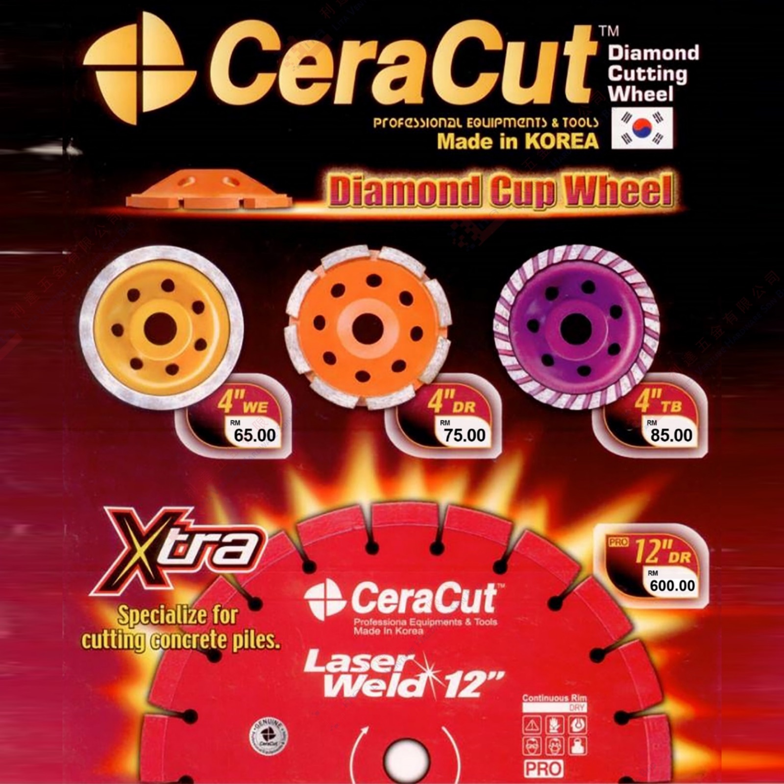 CERACUT BRAND DIAMOND CUP WHEEL - WE4''  DR4'' TB4'' DR12''