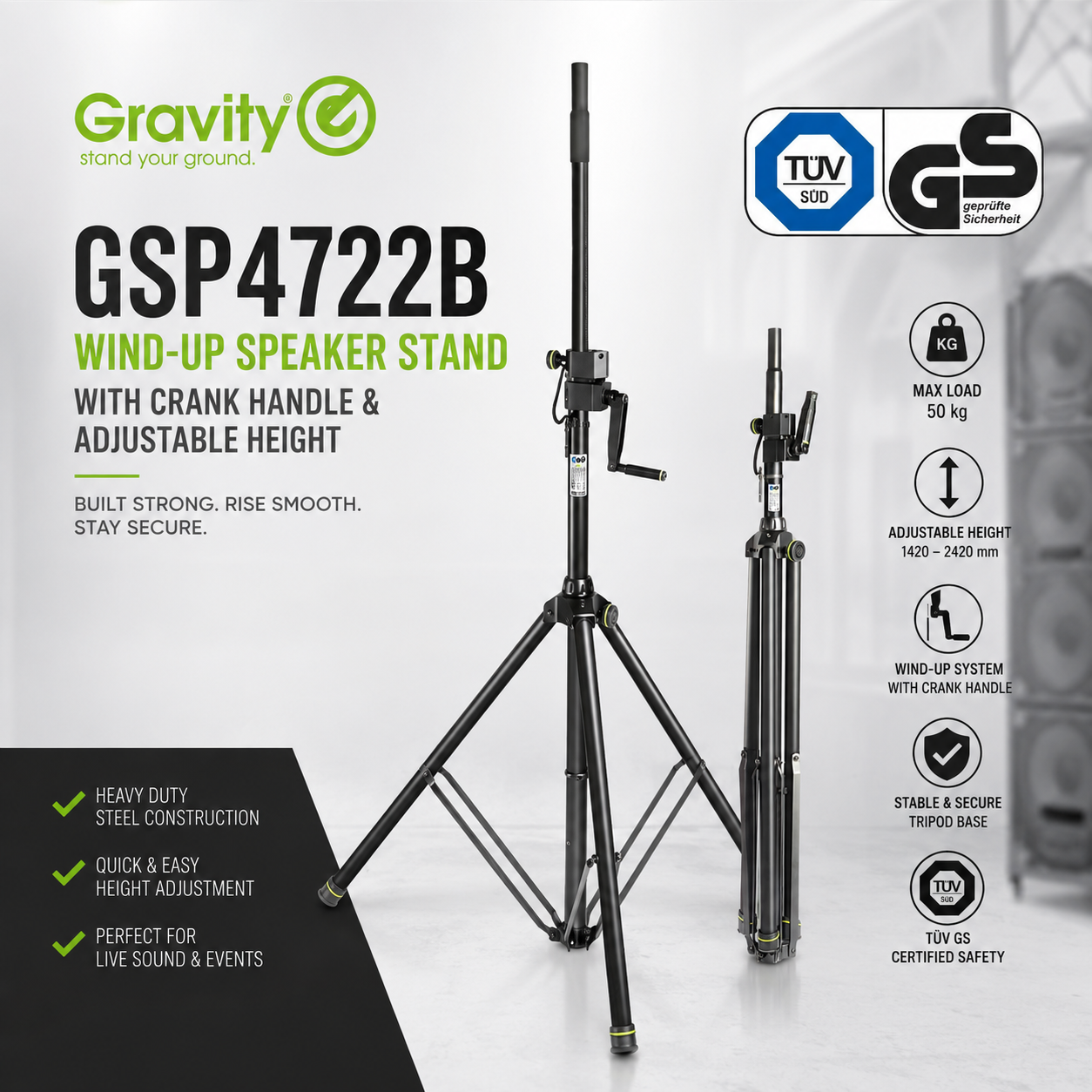 🏷️ Gravity GSP4722B – Wind-Up Speaker Stand with Crank Handle & Adjustable Height for Heavy PA Speakers