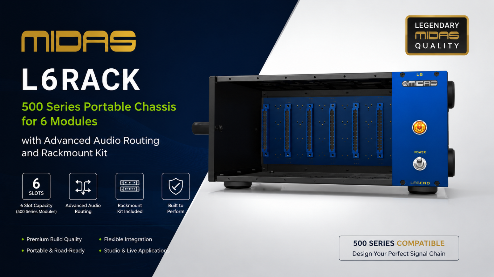 Midas L6RACK – 带高级音频路由及机架安装套件的 500 系列便携式 6 槽机箱