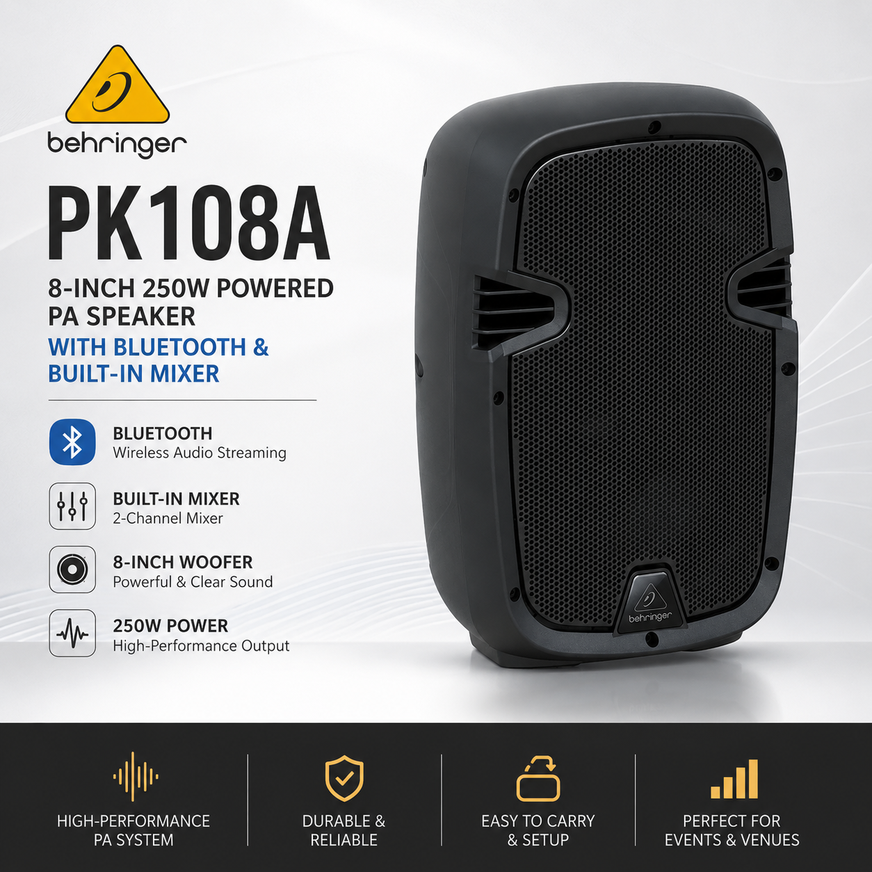 Behringer PK108A – 8-Inch 250W Powered PA Speaker with Bluetooth & Built-in Mixer