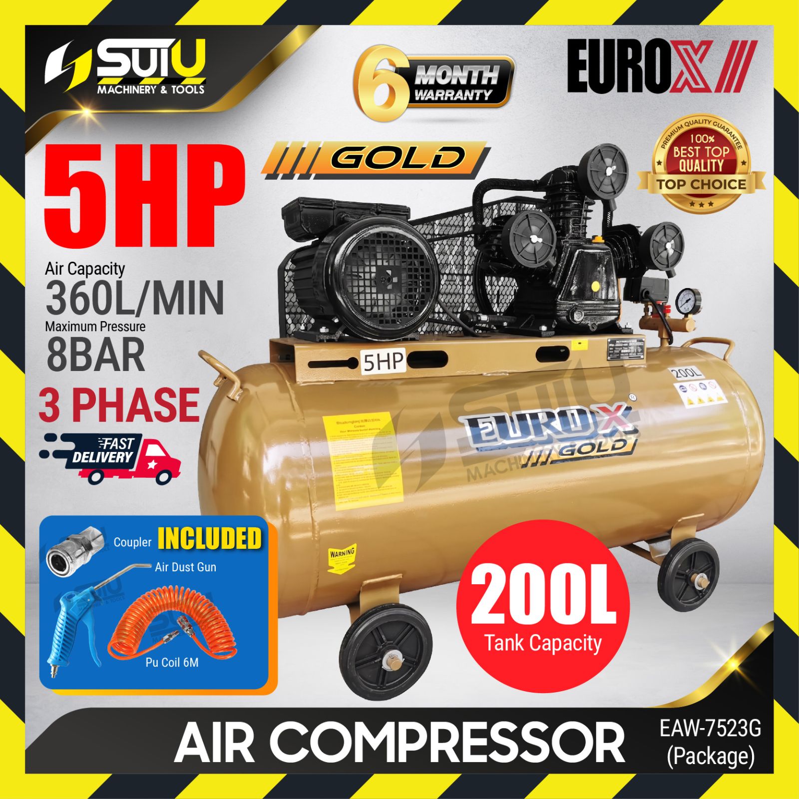EUROX GOLD EAW7523G / EAW-7523G 200L 5HP 8Bar Air Compressor / Kompressor 1050RPM