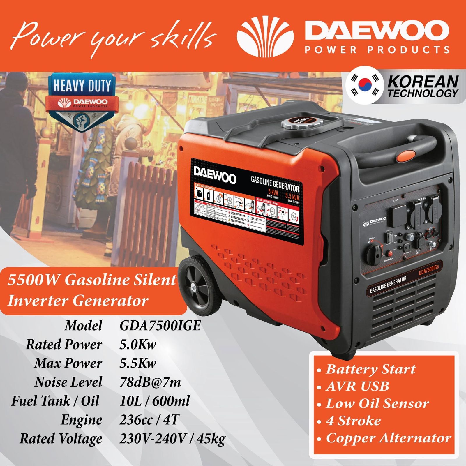 DAEWOO GDA7500IGE Gasoline Inverter Silent Generator 5500W 1 Phase