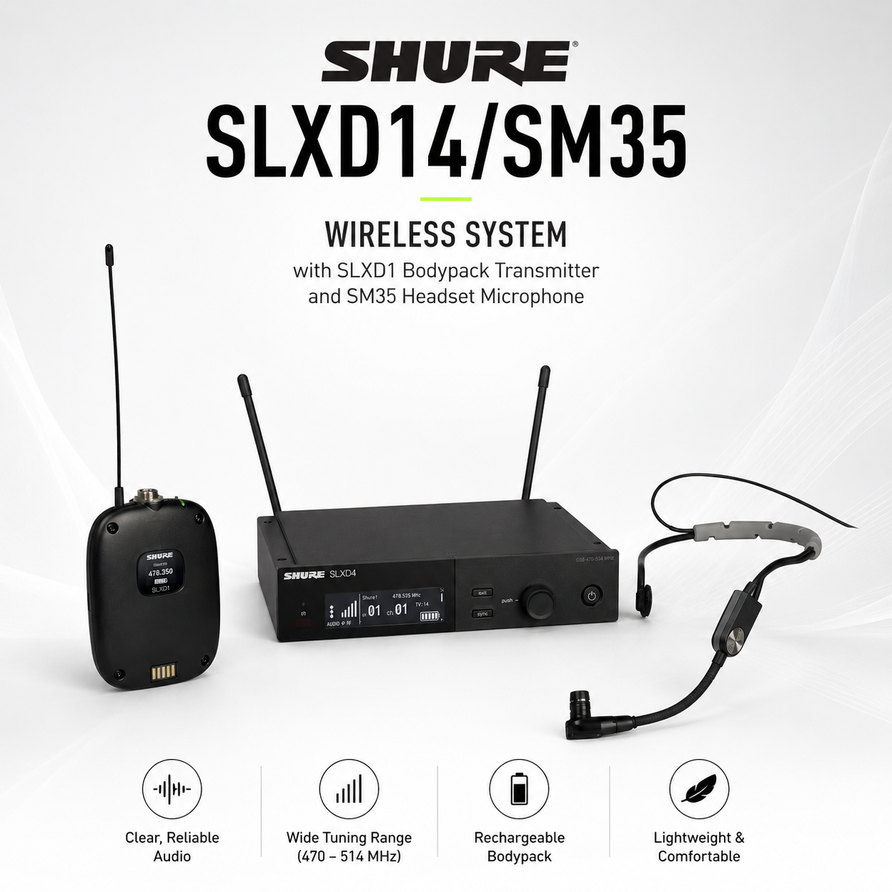 Shure SLXD14/SM35 – Sistem Tanpa Wayar dengan Pemancar Bodypack SLXD1 dan Mikrofon Headset SM35