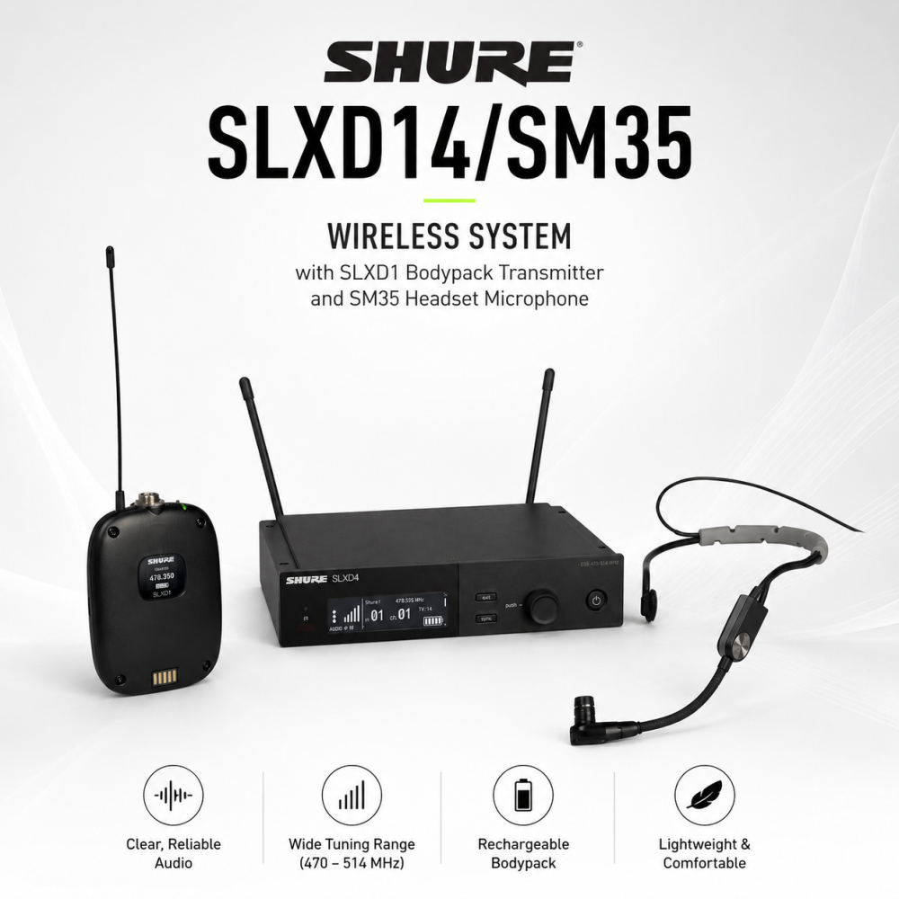 Shure SLXD14/SM35 – Wireless System with SLXD1 Bodypack Transmitter and SM35 Headset Microphone