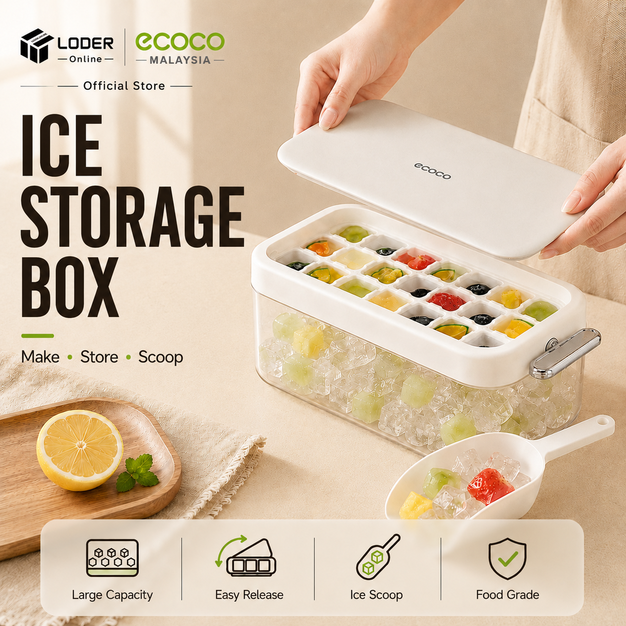 LODER ECOCO Ice Storage Box Ice Cube Tray with Lid Ice Container Press Release Ice Maker Box
