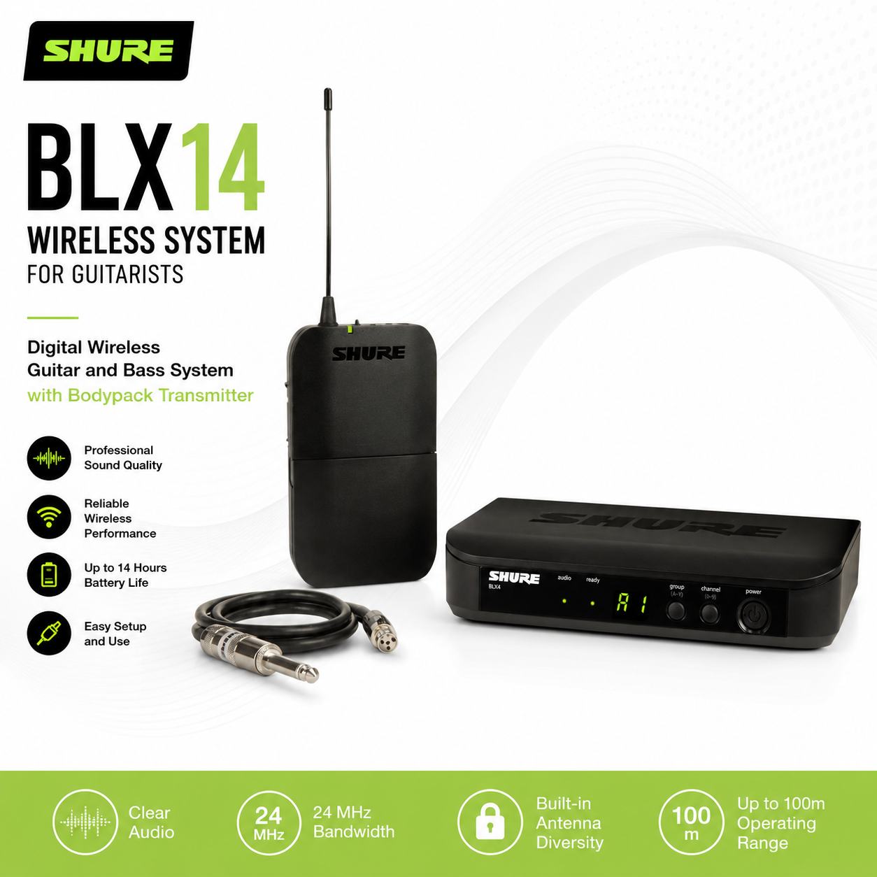 Shure BLX14 Wireless System for Guitarists – Digital Wireless Guitar and Bass System with Bodypack Transmitter