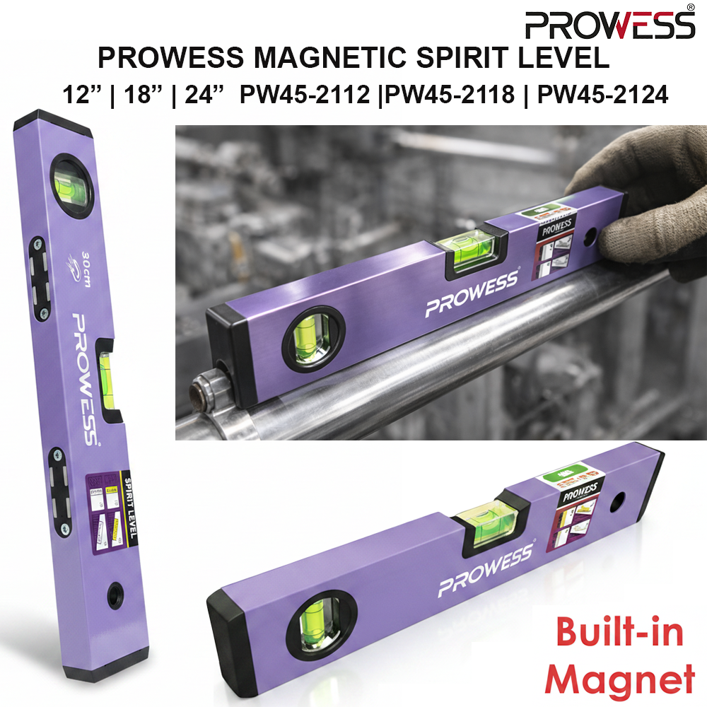 PROWESS MAGNET SPIRIT LEVEL | MAGNETIC SPIRIT LEVEL | PROFESSIONAL LEVELING & ALIGNMENT TOOL 12” | 18” | 24”  ( PW45-2112 |PW45-2118 | PW45-2124 )
