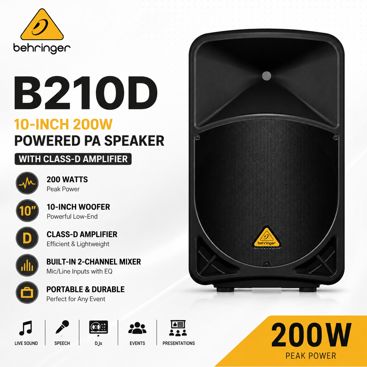 Behringer B210D – 10英寸200W有源PA音箱 内置Class-D功放
