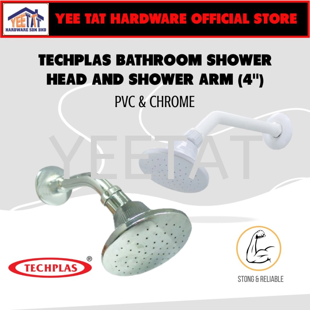 [ TECHPLAS ] BATHROOM WHITE PVC PLASTIC SHOWER HEAD Wall Mounted Shower Head Arm PVC & Chrome High Pressure Rain Water