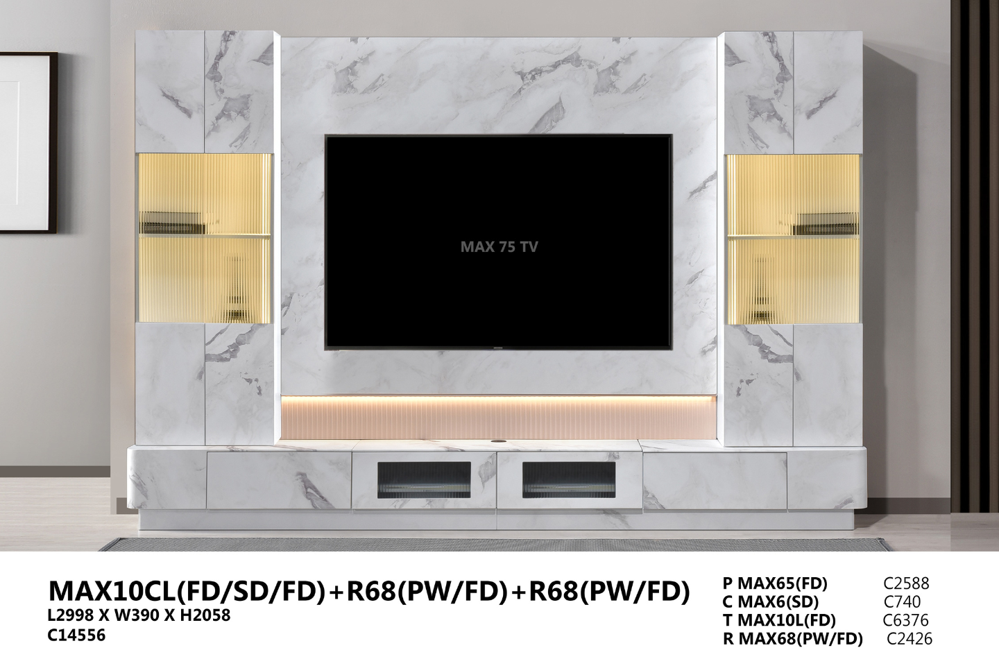 WALL TV CABINET - MAX10CL(FD/SD/FD) + R68(PW/FD) + R68(PW/FD)