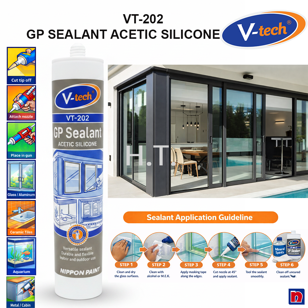 V-TECH VT-202 GP SILICONE ADHESIVE & SEALANT 230ML | VTECH WATERPROOF MULTI PURPOSE SILICONE SEALANT (CLEAR | WHITE | BLACK)