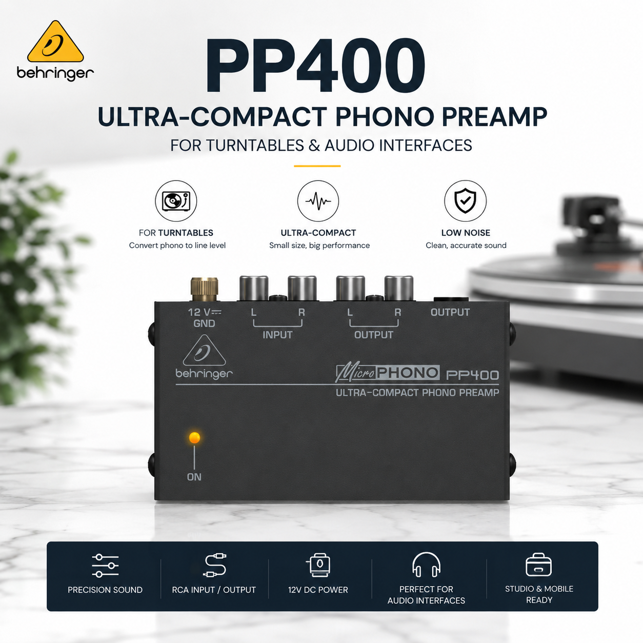Behringer PP400 – Ultra-Compact Phono Preamp for Turntables & Audio Interfaces