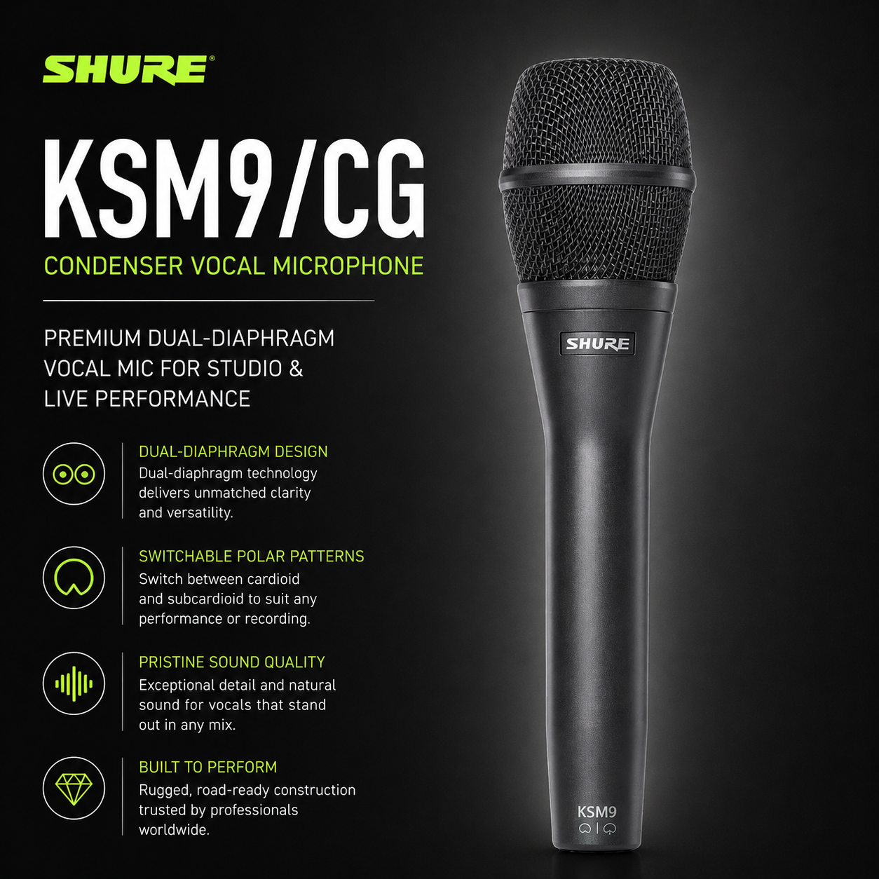 Shure KSM9/CG Condenser Vocal Microphone – Premium Dual-Diaphragm Vocal Mic for Studio & Live Performance