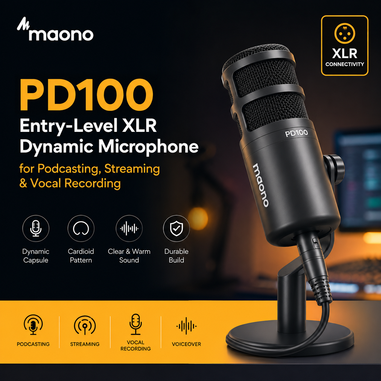 Maono PD100 – Entry-Level XLR Dynamic Microphone for Podcasting, Streaming & Vocal Recording