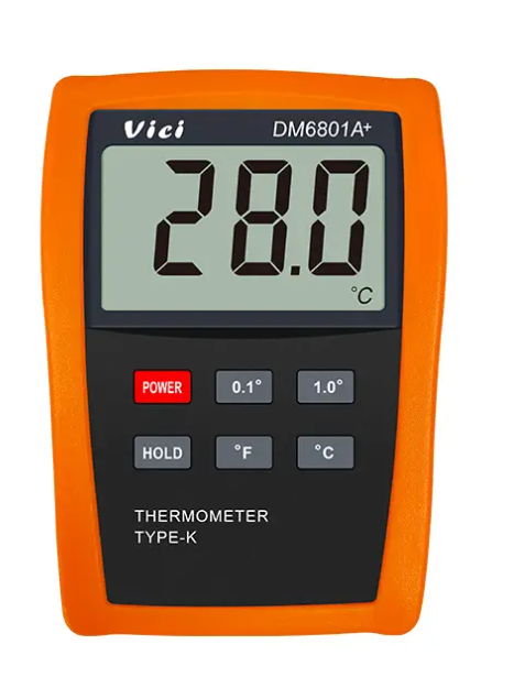 Vici DM6801A+ High-precision single-channel digital thermometer, 0.1掳C/掳F resolution, Max 1300掳C range, Data hold.