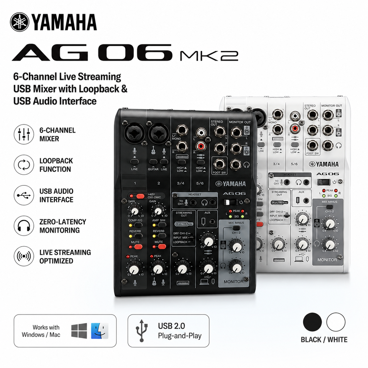 雅马哈 AG06MK2 – 6通道直播USB调音台，带Loopback功能与USB音频接口（黑色/白色）