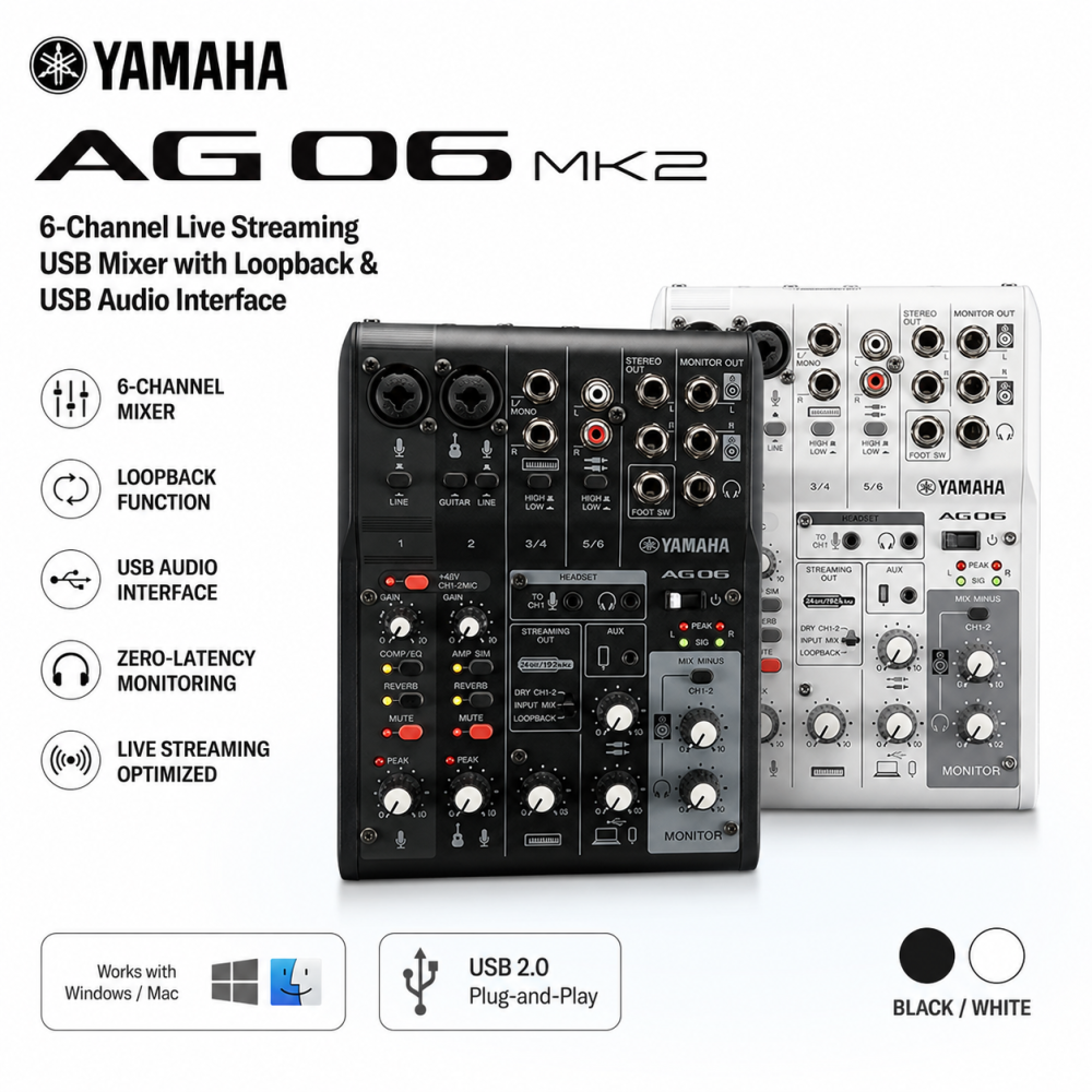 Yamaha AG06MK2 – 6-Channel Live Streaming USB Mixer with Loopback & USB Audio Interface (Black/White)