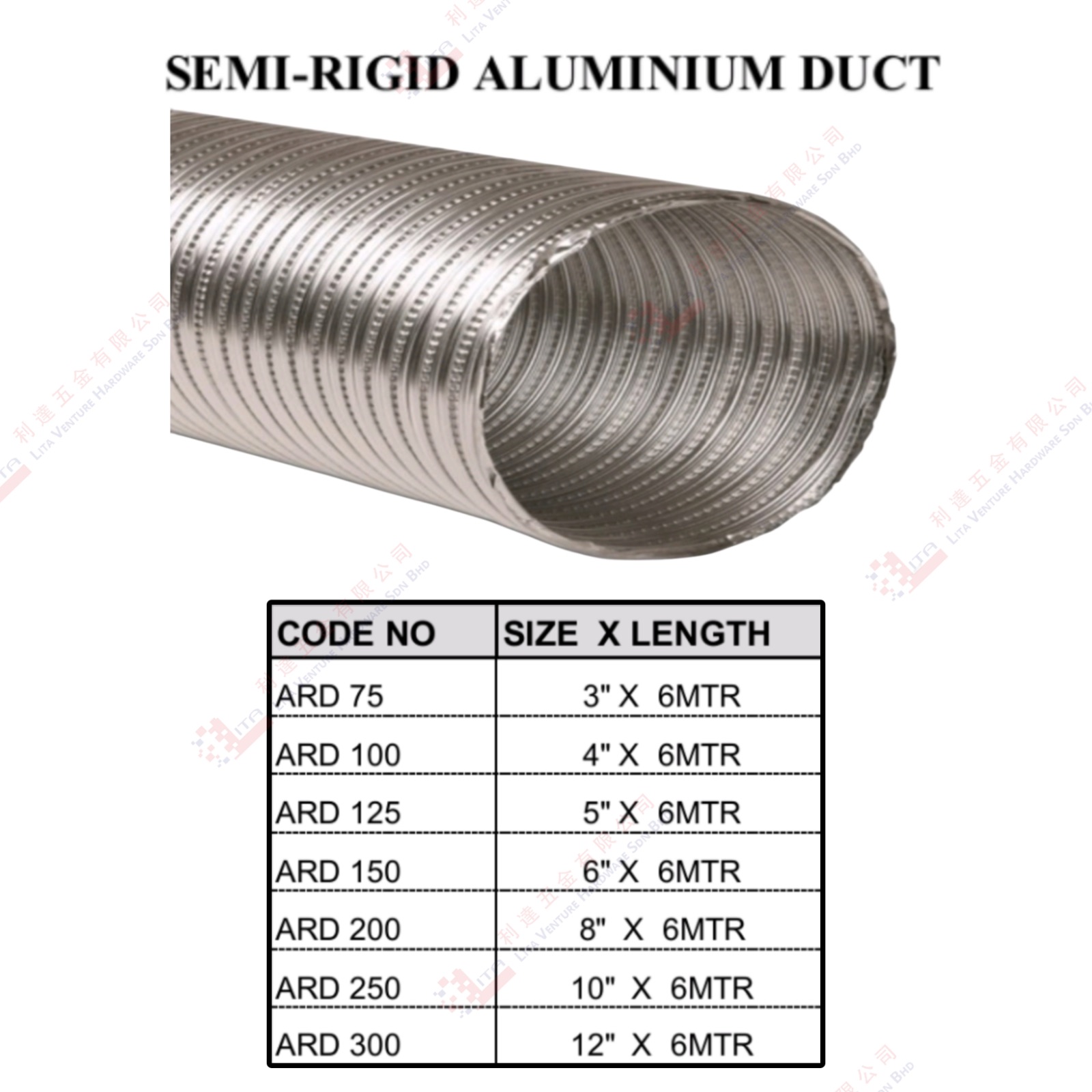 SEMI RIGID ALUMINIUM DUCT - ARD75 ARD100 ARD125 ARD150 ARD200 ARD250 ARD300