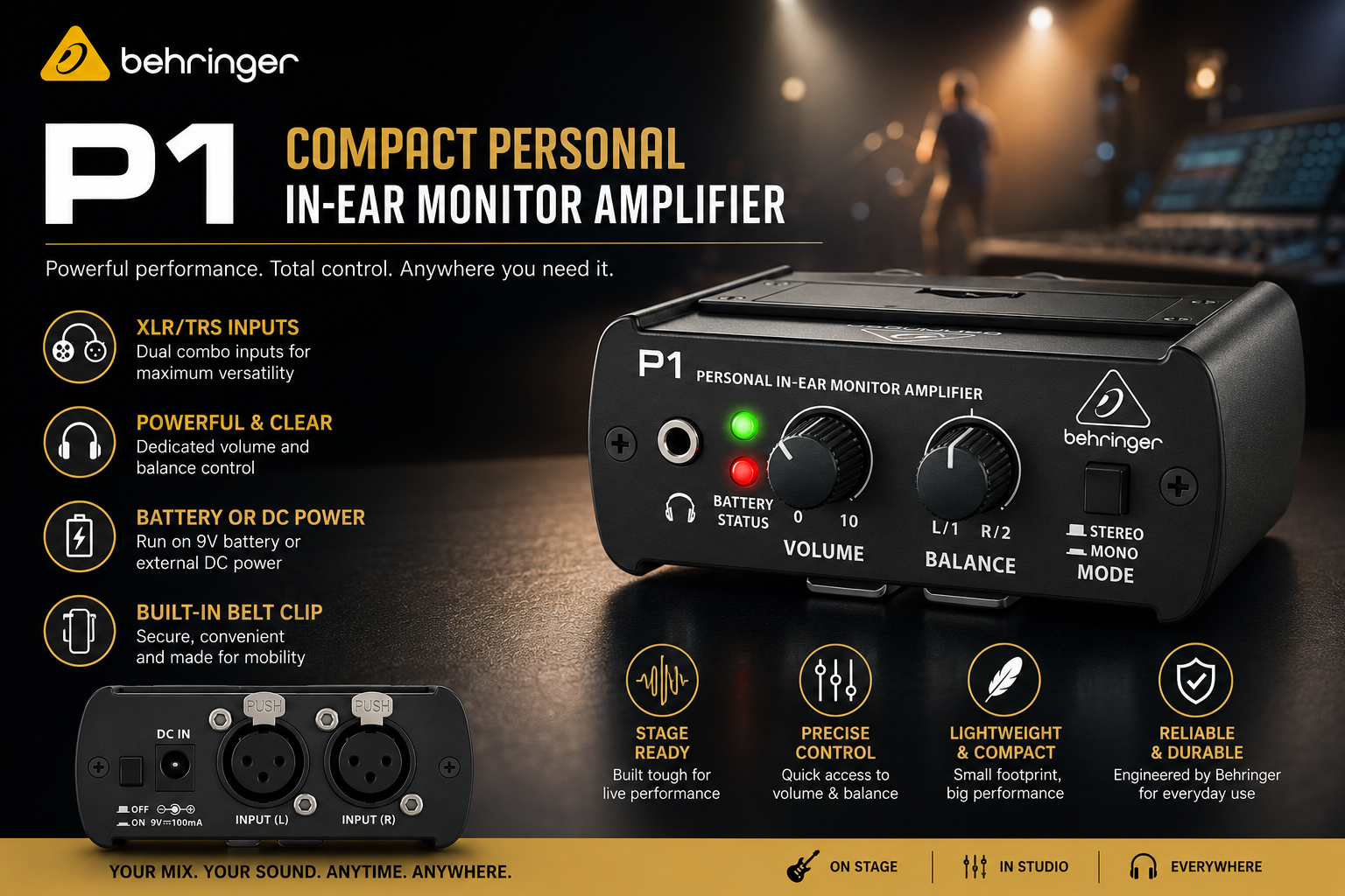 Behringer P1 – Penguat Monitor In-Ear Peribadi Kompak dengan Input XLR/TRS & Klip Pinggang untuk Studio & Pentas