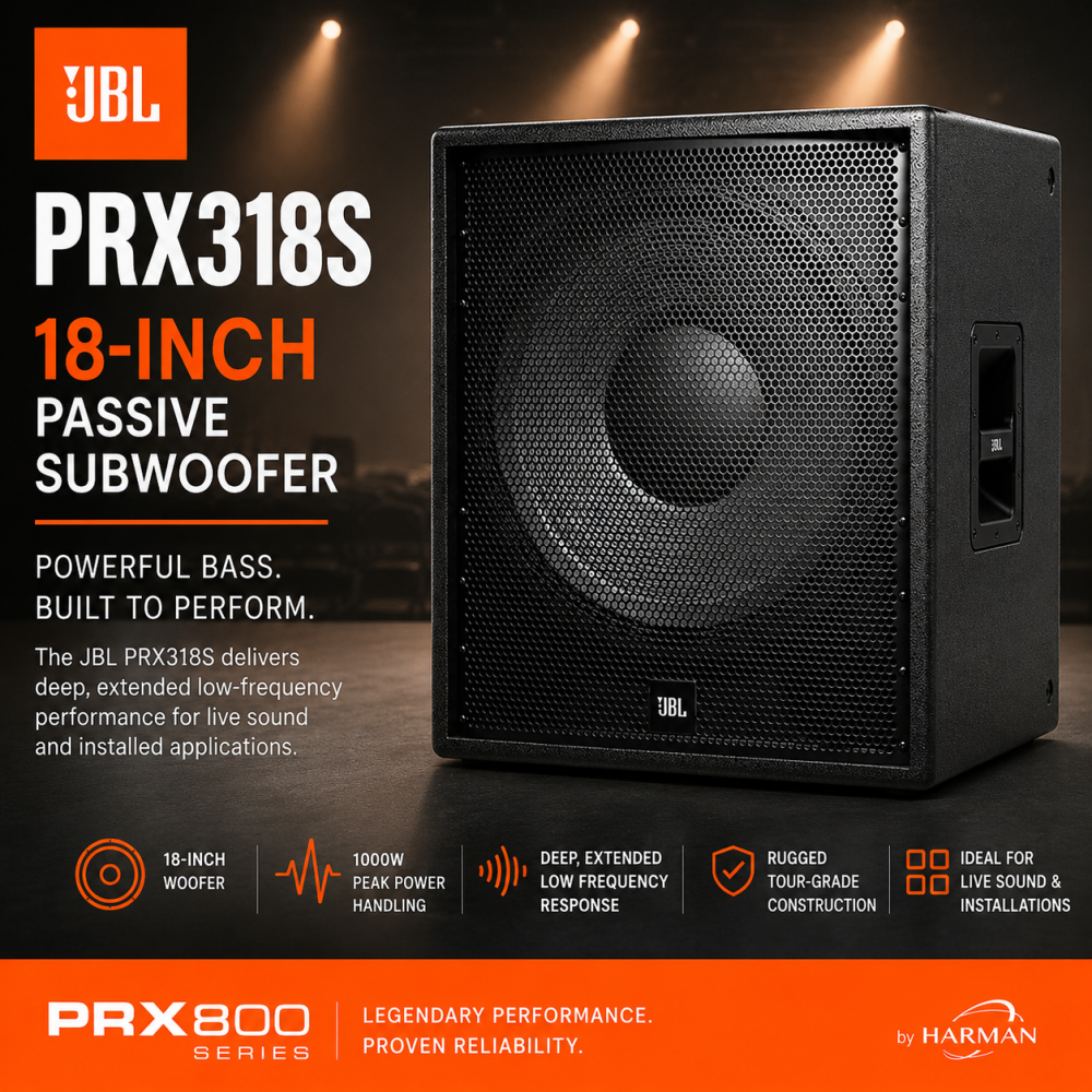 JBL PRX318S 18-Inch Passive Subwoofer with 1000W Peak Power Handling for Deep Bass in Live Sound and Installations