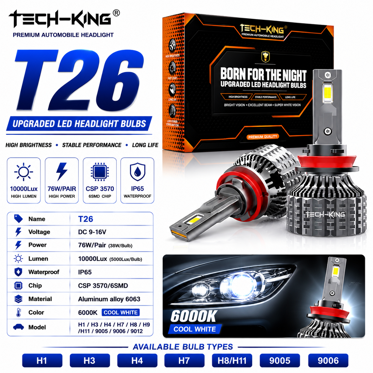 TECH KING T26 LED Headlight Bulb 76W 10000LM