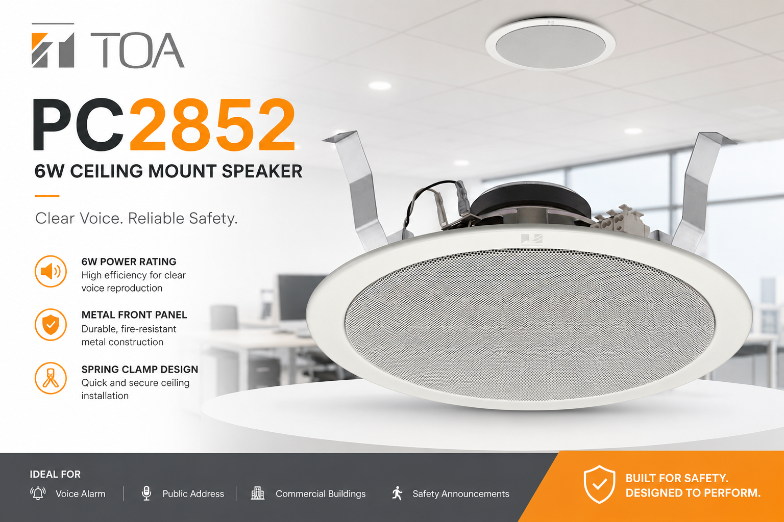 TOA PC2852 – 6W Ceiling Mount Speaker with Metal Panel & Spring Clamp for Voice Alarm & PA System