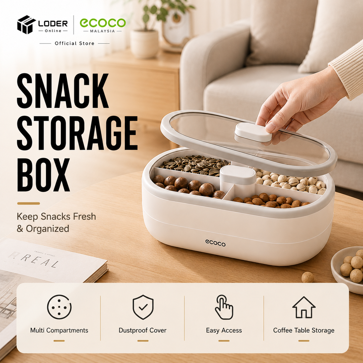 LODER ECOCO Snack Storage Box Divided Food Container Airtight Snack Tray Nuts Candy Party Organizer