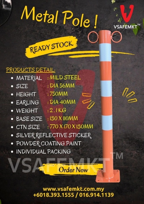 Traffic mild steel Post with 2 earing Orange with White Reflective  Height 750mm - Vsafe Sdn Bhd
