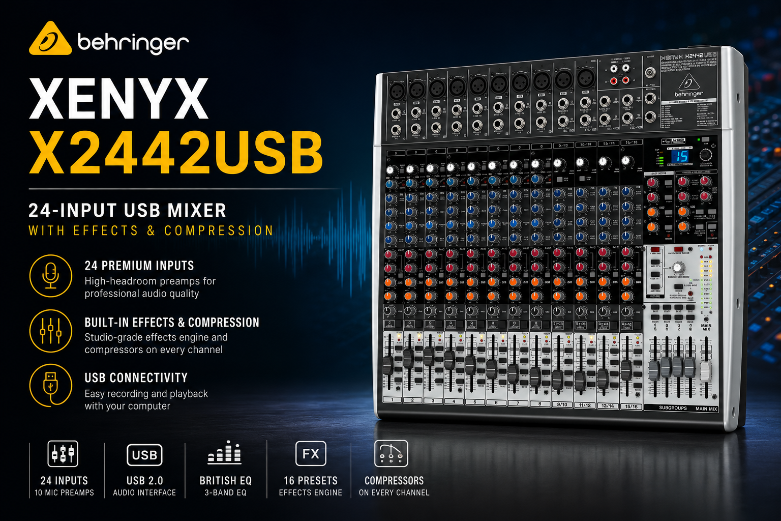 Behringer XENYX X2442USB – Pengadun USB 24-Input dengan Kesan & Pemampat