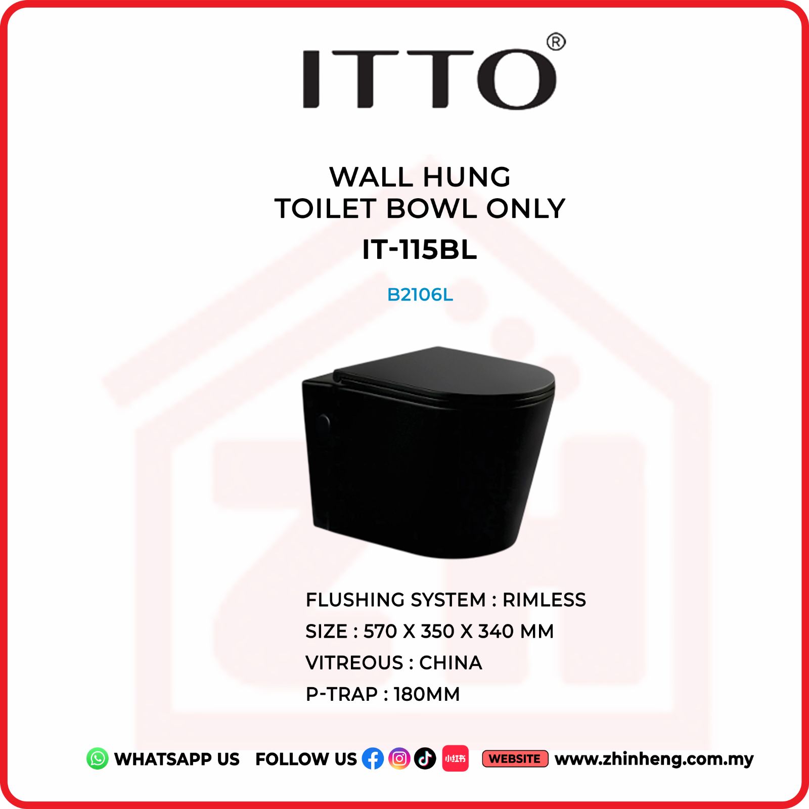 ITTO WALL HUNG TOILET BOWL ONLY  IT-115BL