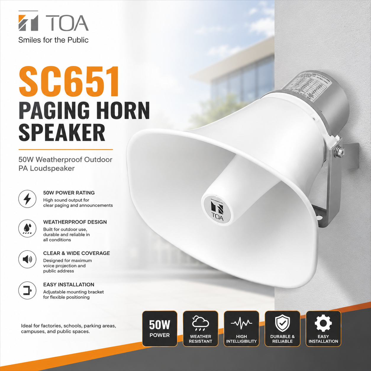 TOA SC651 Paging Horn Speaker – 50W Weatherproof Outdoor PA Loudspeaker
