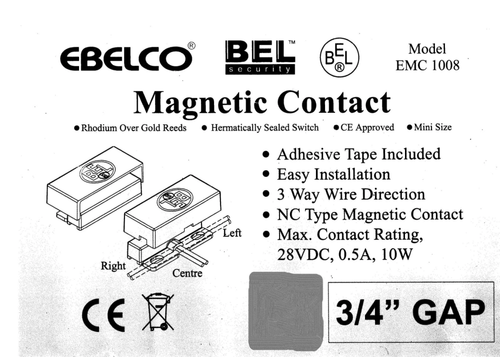 EBELCO EMC 1008 Alarm Magnetic Sensor / Door Sensor - 3/4" GAP