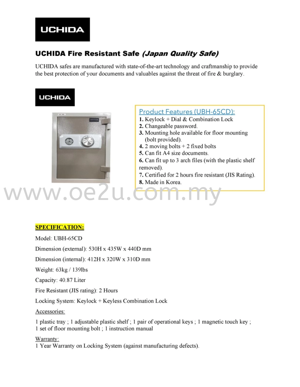 UCHIDA UBH-65CD Fire Resistant Safe Box (Dial Lock)_63kg