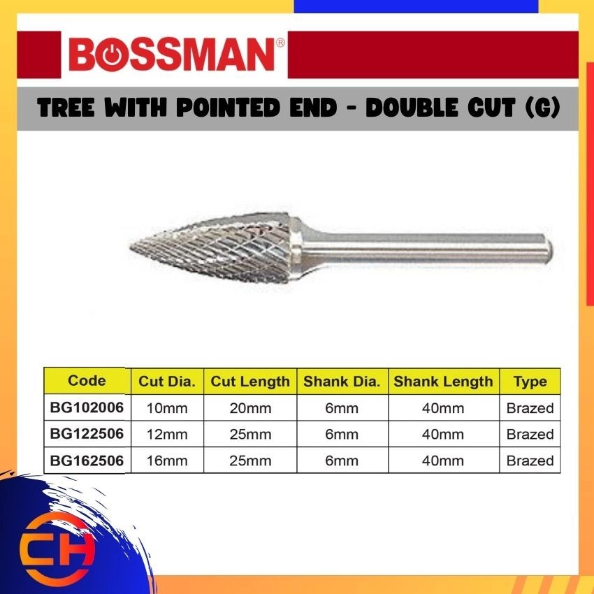 BOSSMAN TCT CARBIDE BURRS BG102006/ BG122506/ BG162506 TREE WITH POINTED END - DOUBLE CUT (G)