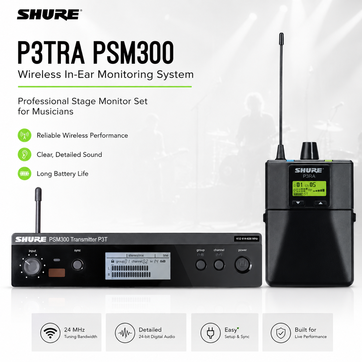 Shure P3TRA PSM300 Wireless In-Ear Monitoring System – Professional Stage Monitor Set for Musicians
