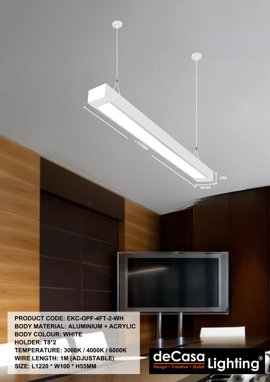 OFFICE LINEAR PENDANT LIGHT - 2*4FT - WHITE - T8 CASING (OPF-4FT-2-WH)
