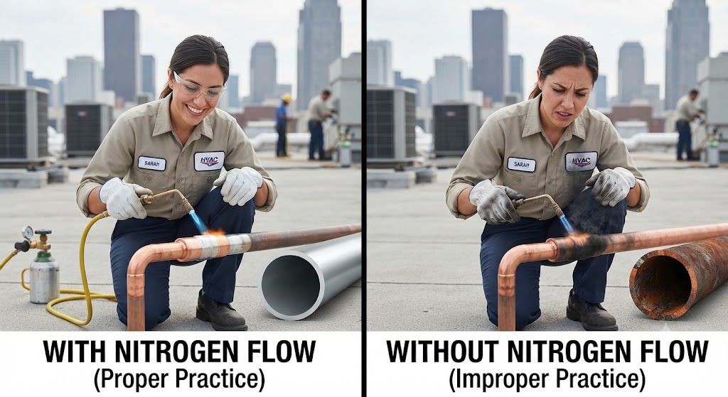 HVAC brazing with nitrogen flow technique