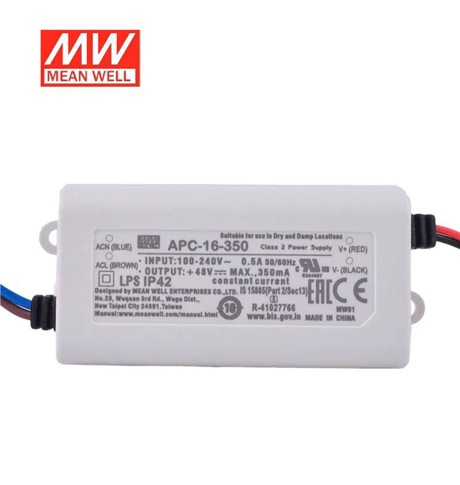 Mean Well APC-16-350 AC-DC 16w Single Output Switching LED Power Supply 16.8w 12-48v 350mA Constant Current