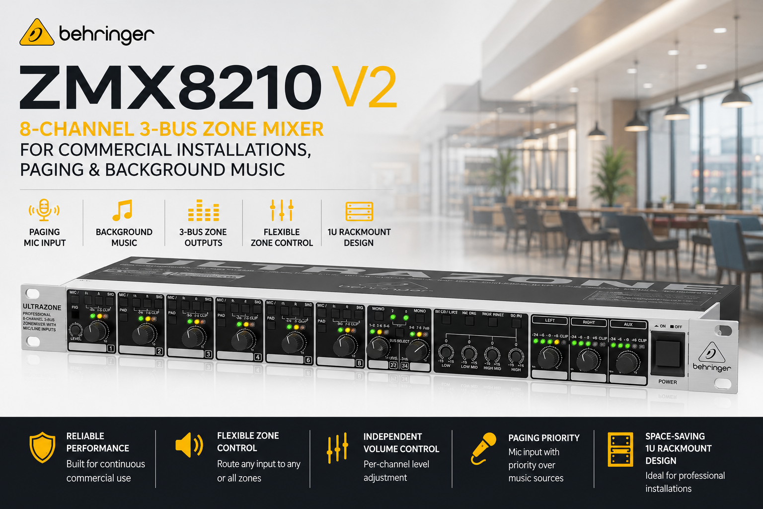 Behringer ZMX8210 V2 – 8-Channel 3-Bus Zone Mixer for Commercial Installations, Paging & Background Music