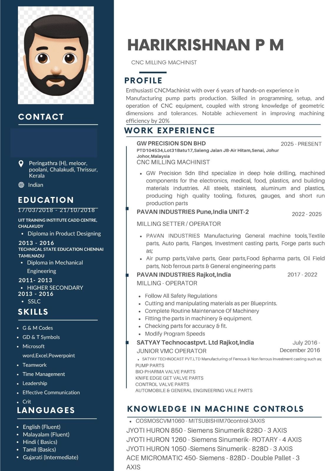 CNC MILLING MACHINIST RESUME