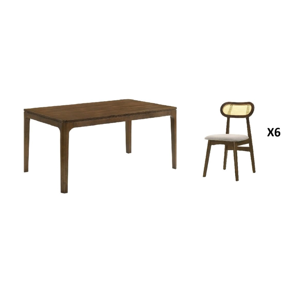 Ferro Dining Set (180cm L Table + 6 Chair) - Walnut
