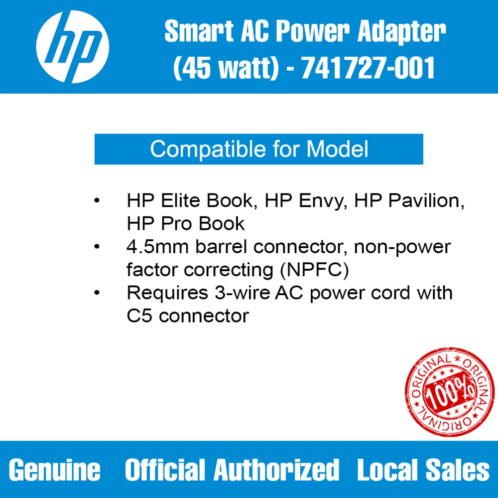 HP 741727-001 Smart AC Power Adapter 45W - HP Laptop Charger For Spectre Pavilion EliteBook ProBook