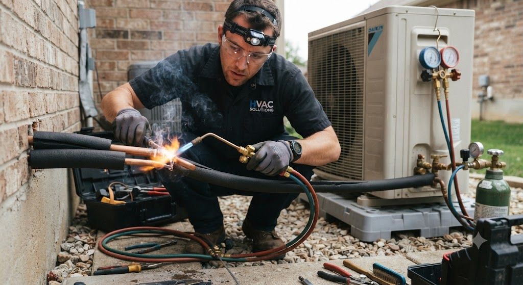 create a photo of split air conditioner refrigeration pipe brazing HVAC