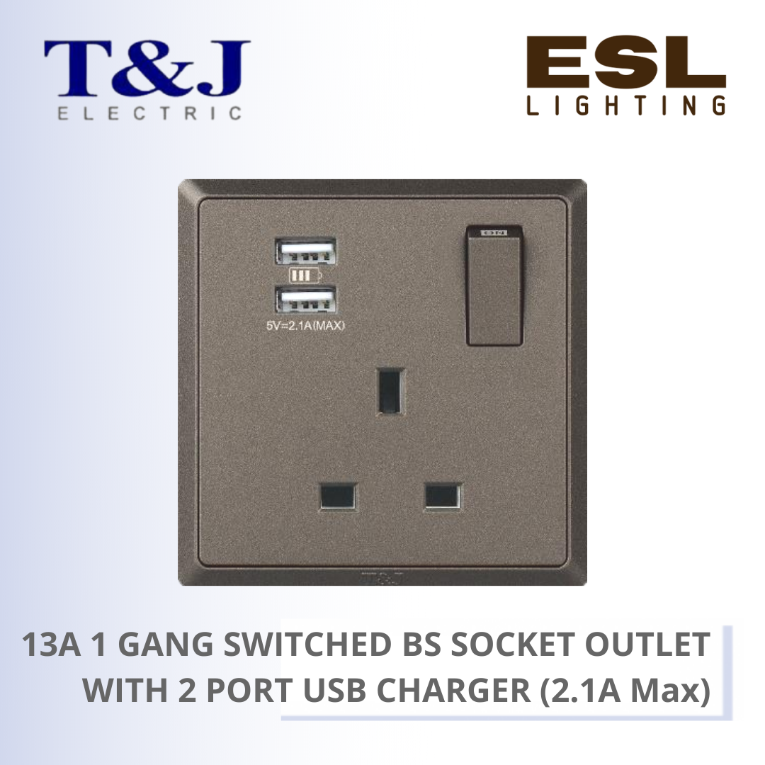 T&J SWITCHES INFINIT SERIES 13A 1 GANG SWITCHED BS SOCKET OUTLET WITH 2 PORT USB CHARGER (2.1A Max) - HC8613SUSB2 HC8613SUSB2-SBL HC8613SUSB2-MSB HC8613SUSB2-PS7 HC8613SUSB2-ST5
