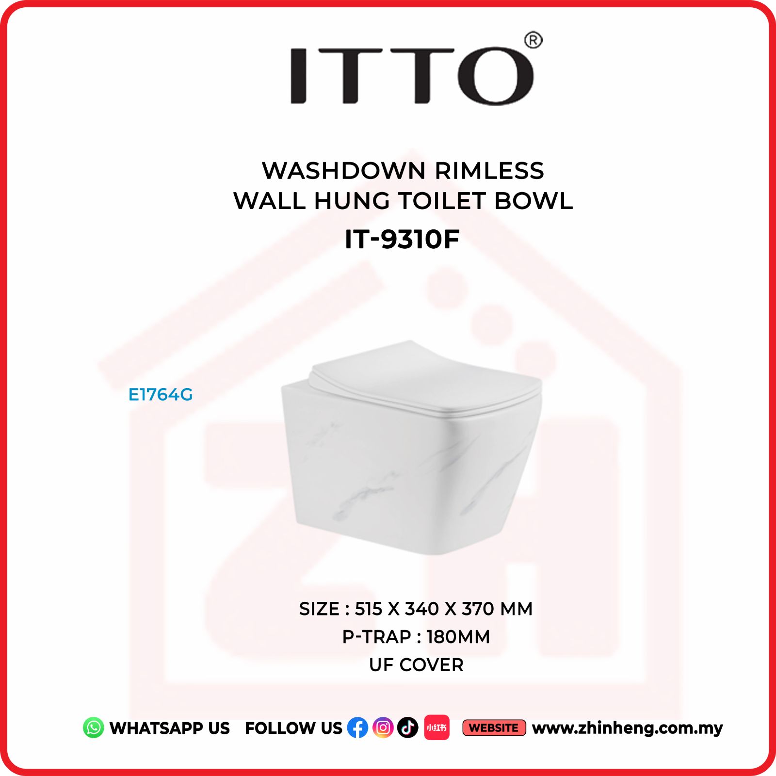 ITTO WASHDOWN RIMLESS WALL HUNG TOILET BOWL IT-9310F